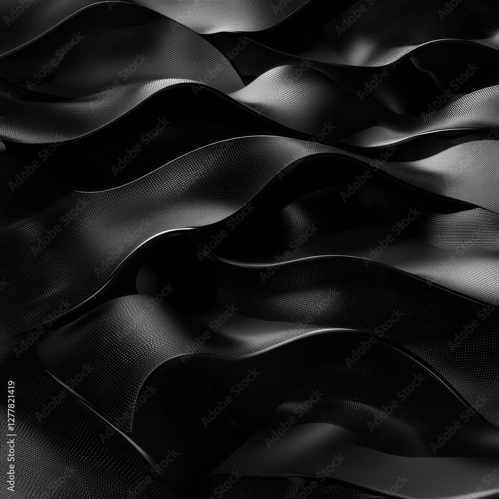 Poster monochrome drapes: abstract black waves with subtle texture and silky sheen, creating a fluid, dynam