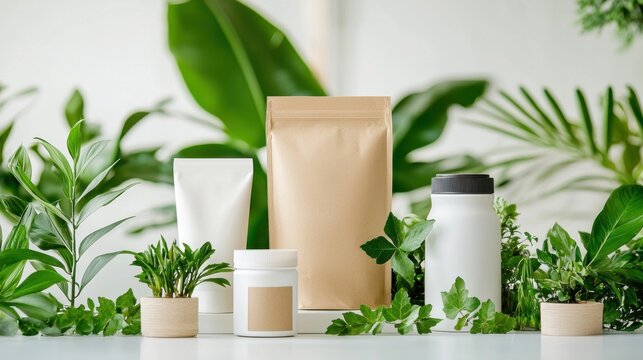 Organic plant based skincare and cosmetic products with green leaves and botanical elements on clean white background