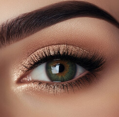 Fototapeta premium close up of caucasian green eye with shimmering gold eyeshadow and defined eyebrows, showcasing detailed makeup application