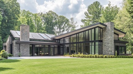 Modern Elegant House Surrounded by Lush Greenery and Clear Blue Sky in a Natural Setting