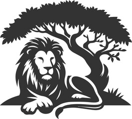 Silhouette of a lion resting under a tree with a serene expression