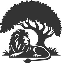 Silhouette of a lion resting under a tree with a serene expression