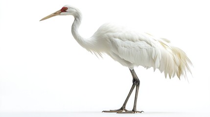 Obraz premium White crane standing, profile view, white background, wildlife photography, nature