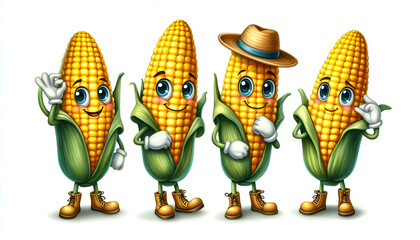 Watercolor Clipart set of a funny yellow Sweet Corn Character. Watercolor clipart illustration isolated on a white background