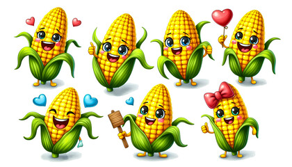 Watercolor Clipart set of a funny yellow Sweet Corn Character. Watercolor clipart illustration isolated on a white background