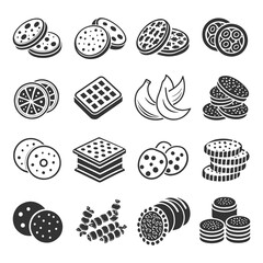 Icons set. Cookies Includes biscuits waffle baked chip cracker Editable stroke vector illustration Isolated on vector. 