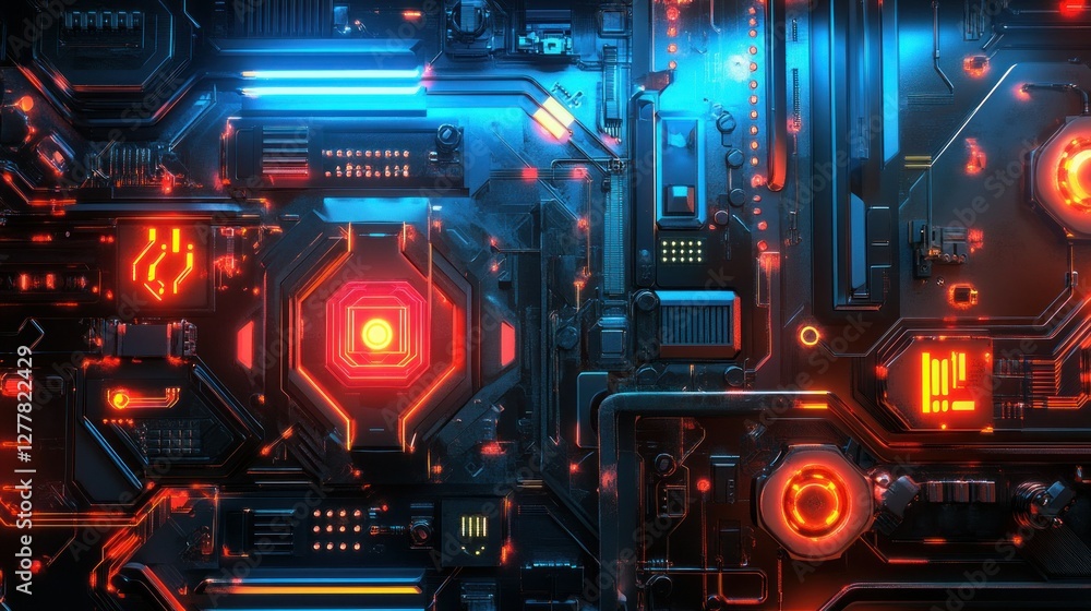 Poster futuristic abstract background featuring glowing circuits and technology elements in vibrant colors