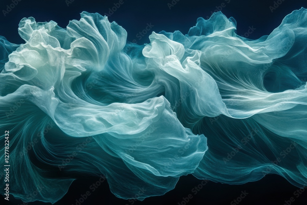 Poster ethereal flowing fabric in shades of teal and white against a dark blue background creating a dreamy