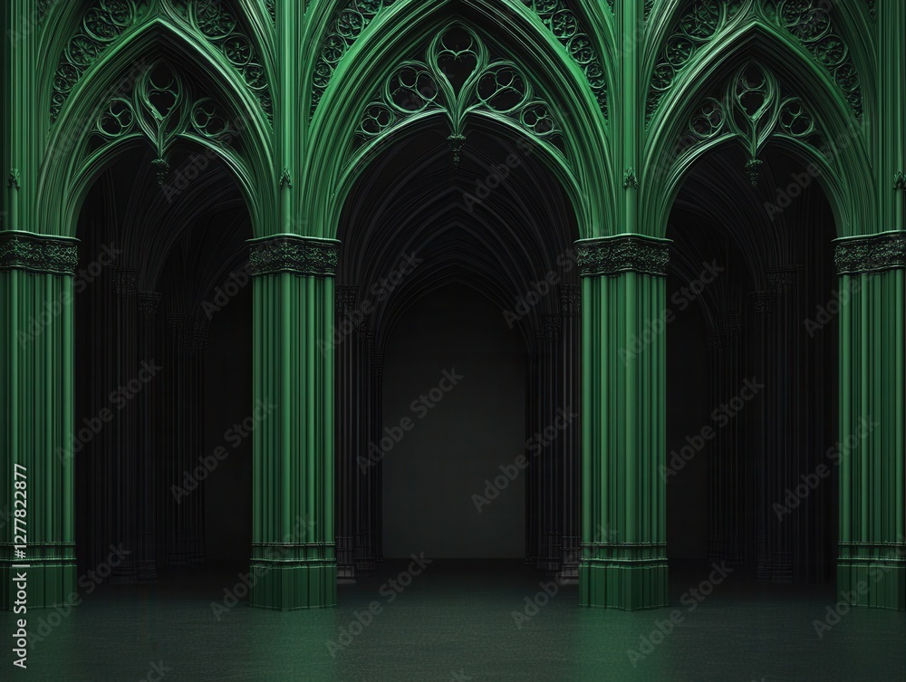 Poster majestic emerald gothic architecture with intricate arches and columns casting shadows in a grand ha