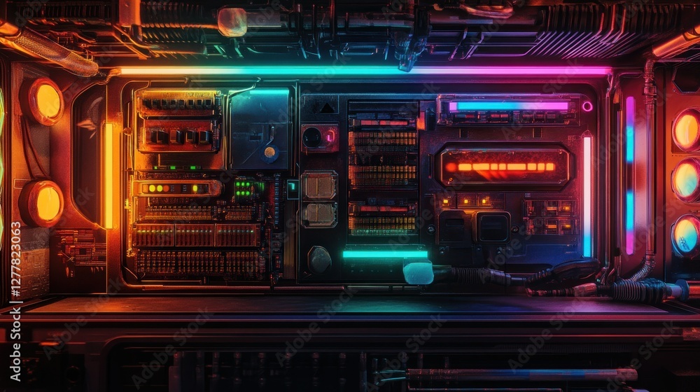 Aufkleber vibrant futuristic control panel with glowing lights and intricate circuitry in a tech environment