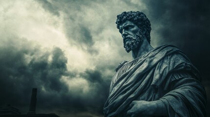 Obraz premium Dramatic ancient roman statue against stormy sky