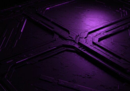 Futuristic purple geometric pattern with neon lighting on a metallic surface