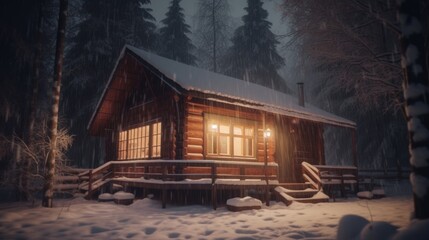 Cozy snow-covered log cabin in winter forest at dusk with warm lights
