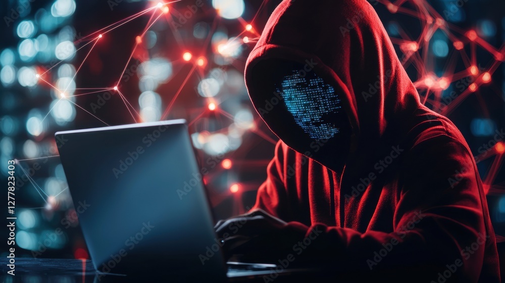 Poster hooded hacker silhouette accessing laptop with cyber threat concept on abstract background