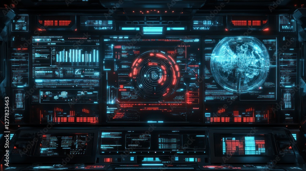 Poster futuristic control panel displaying data analytics and a holographic globe in a high-tech environmen