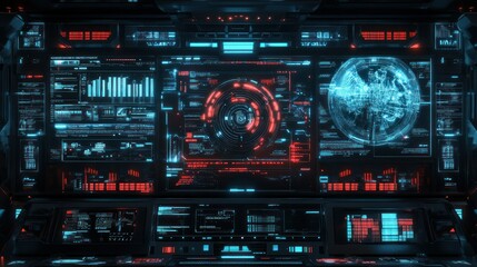 Obraz premium Futuristic control panel displaying data analytics and a holographic globe in a high-tech environment