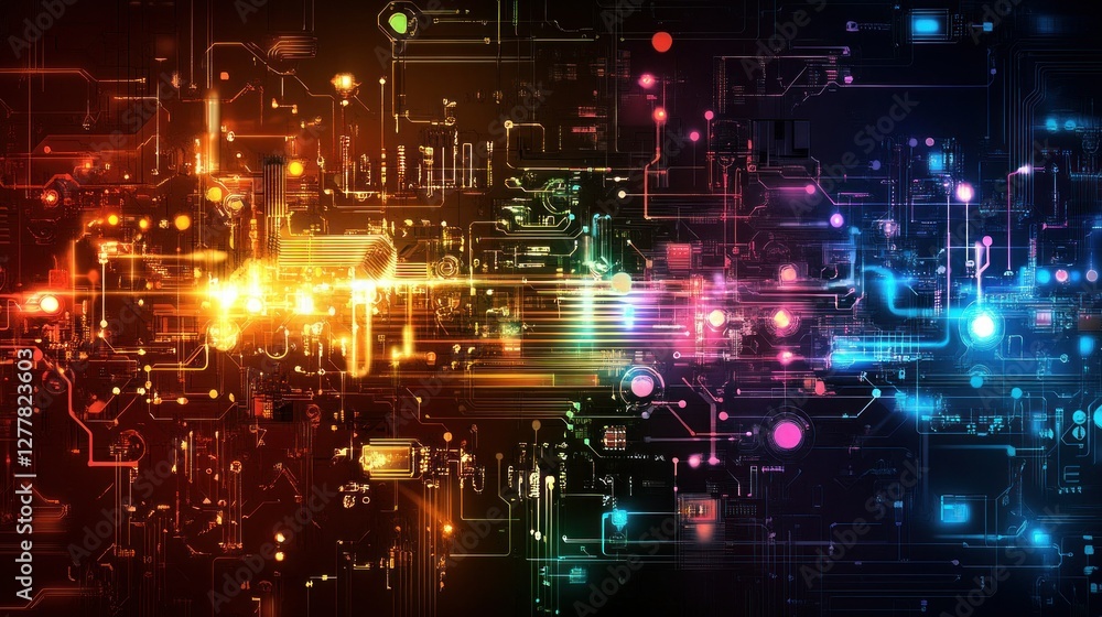 Poster abstract digital background with colorful lights and circuit patterns creating a vibrant atmosphere