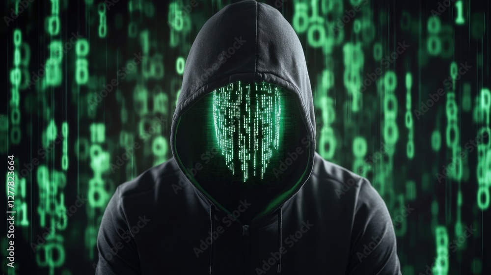 Poster hooded hacker silhouette against glowing binary code background suggesting cybercrime and threats to