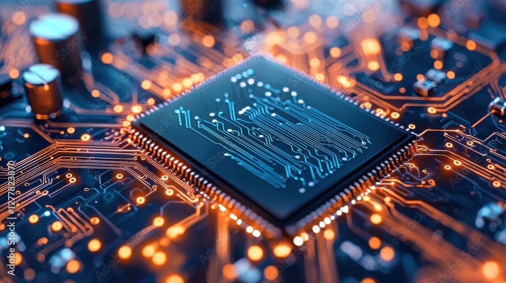 Poster closeup of futuristic circuit board with glowing metallic microchip and data connections