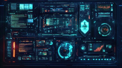 Futuristic digital interface displaying data analytics and graphical representations