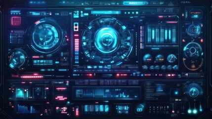 Fototapeta premium Futuristic control panel with glowing interfaces and data visualizations in a tech environment