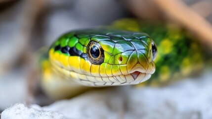 Fototapeta premium Green snake portrait, close-up, ground, nature, wildlife photography