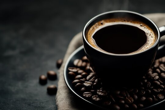 A cinematic, moody photograph of freshly brewed black coffee in a sleek cup, with soft lighting emphasizing the texture of the coffee beans.