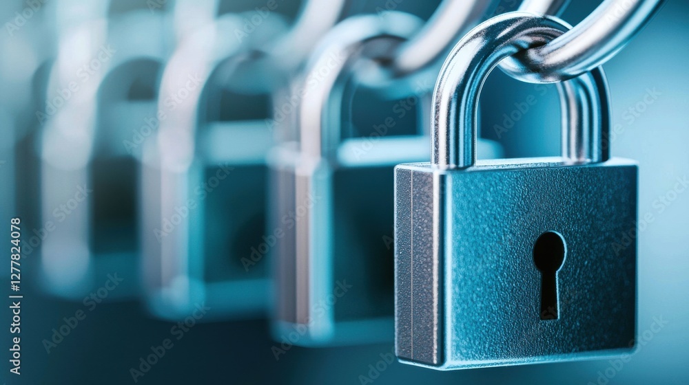 Poster closeup of shiny chrome padlocks in a row symbolizing security safety and restricted access