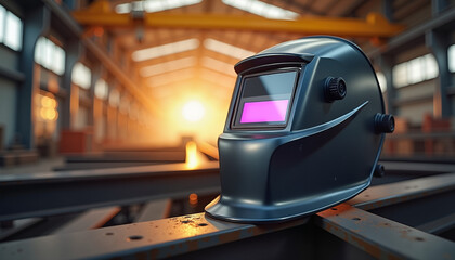 Welding helmet on steel beams in factory at sunset