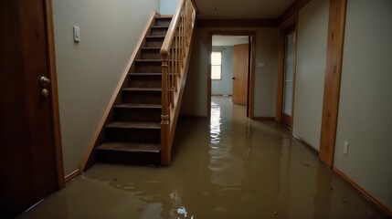 Water floods the interior of a home, causing significant damage to the hallway and stairs during a severe rainstorm