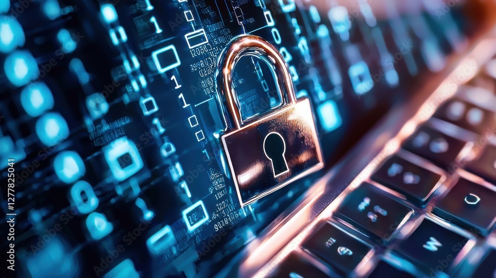 Poster digital security padlock safeguarding sensitive information on computer keyboard