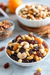 Mixed nuts and fruits in a bowl including raisins, pine nuts, cashews
