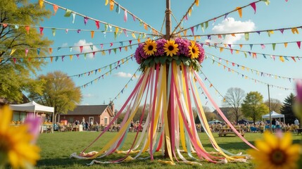 Colorful maypole installation in a community celebration with vibrant flowers and decorations at a park on a sunny afternoon
