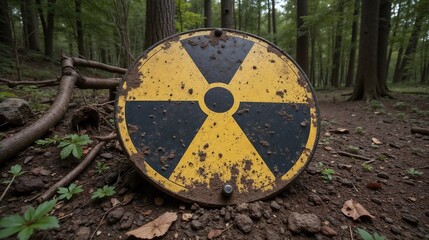 Yellow radiation symbol sign resting on the forest floor surrounded by trees in a dense woodland setting