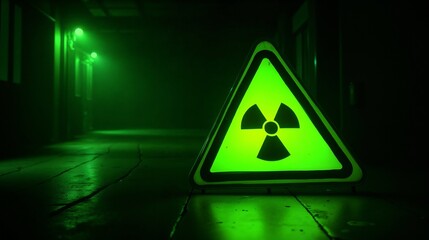 Bright green radiation warning sign illuminates a dimly lit corridor in an abandoned industrial space at night