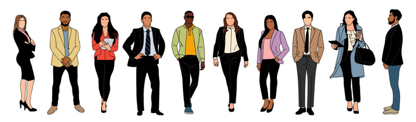 Multinational Business team members standing. Set of different men and women characters. Modern vector colored outline stylized illustrations for graphic, web design. Isolated