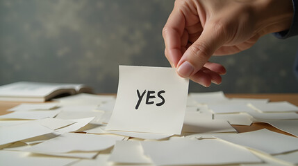 Hand reaching for a note with Yes written on it among scattered blank sticky notes on a wooden table