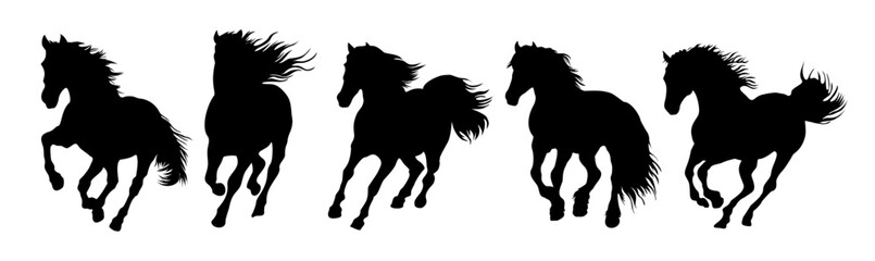 Set of running wild horse black silhouettes. Monochrome vector illustrations, icons isolated