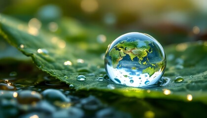 A leaf with a water droplet featuring the Earth, illustrating the connection between nature and sustainable practices