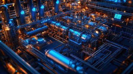 Fototapeta premium Industrial machinery with glowing pipes and equipment, showcasing advanced technology in a factory