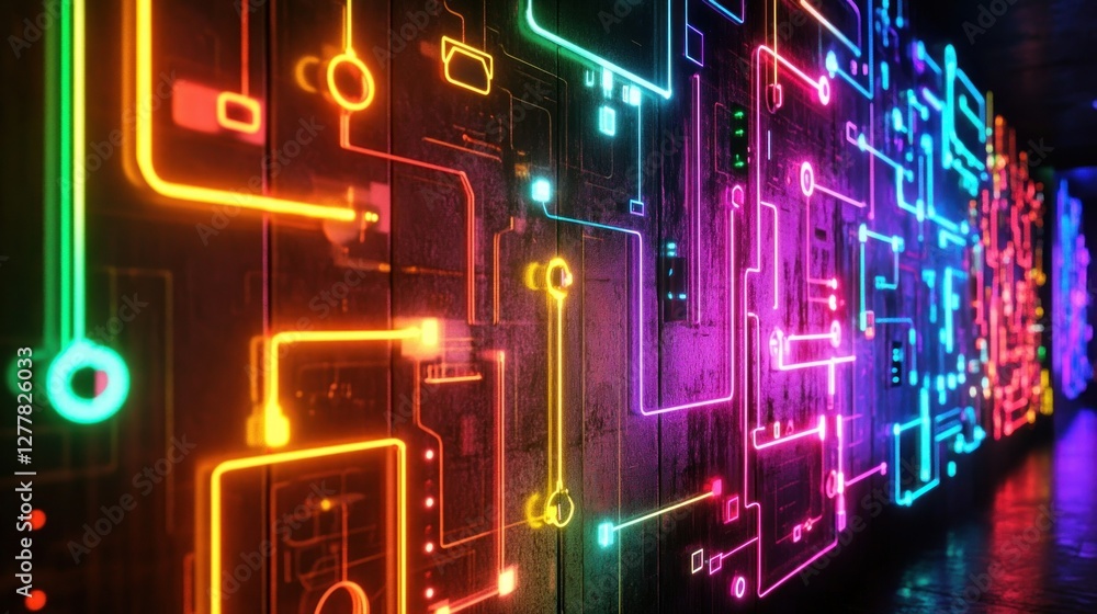 Poster vibrant neon circuit patterns illuminating a dark corridor, creating a futuristic atmosphere