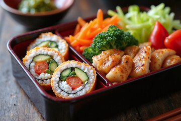 Artfully Arranged Japanese Bento Box with Sushi and Grilled Chicken