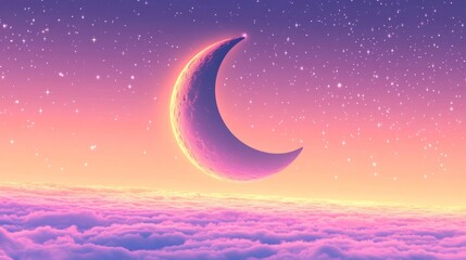 Dreamy Crescent Moon above Pastel Clouds and Starry Sky