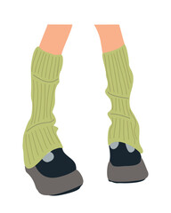 Female legs wearing fashionable boots with knitted gaiters, leg warmers, high socks. Hand drawn vector colorful flat illustration isolated