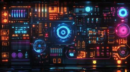 Obraz premium Futuristic digital control panel with vibrant neon elements and glowing interfaces, showcasing technology