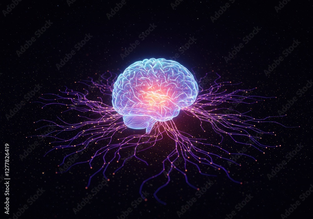 Poster glowing digital brain with neural network connections on black background
