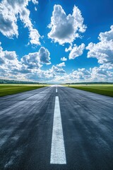 Asphalt Runway Leading to a Distant Horizon Under a Bright Blue Sky with Fluffy Clouds and Green Fields on Both Sides