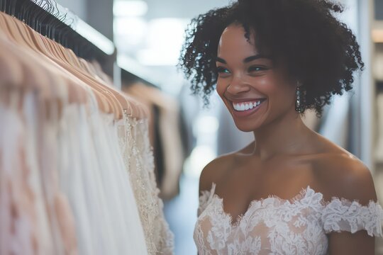 A classy shopper smiling as she finds the perfect elegant dress at a high-end retail store.