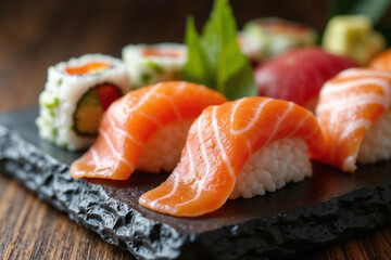 Fresh Salmon Nigiri Sushi Artfully Presented on Dark Stone Plate