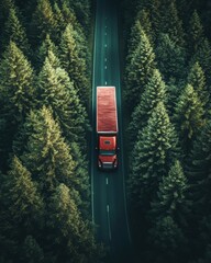 Obraz premium Aerial View of Red Semi Truck Driving on Asphalt Road Through Green Forest Trees in Scenic Landscape